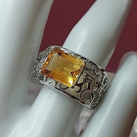 Natural Yellow Citrine‎ 10x8mm & White Topaz 925 Sterling Silver Ring Sz… - Picture 5 of 11